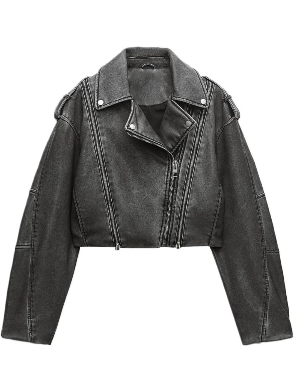 Women's Dark Grey Faux Leather Cropped Biker Jacket Vintage Short Belted Coat